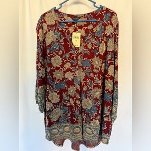 NWT XXL boho hippie Floral Red and Blue Women's Tunic Top